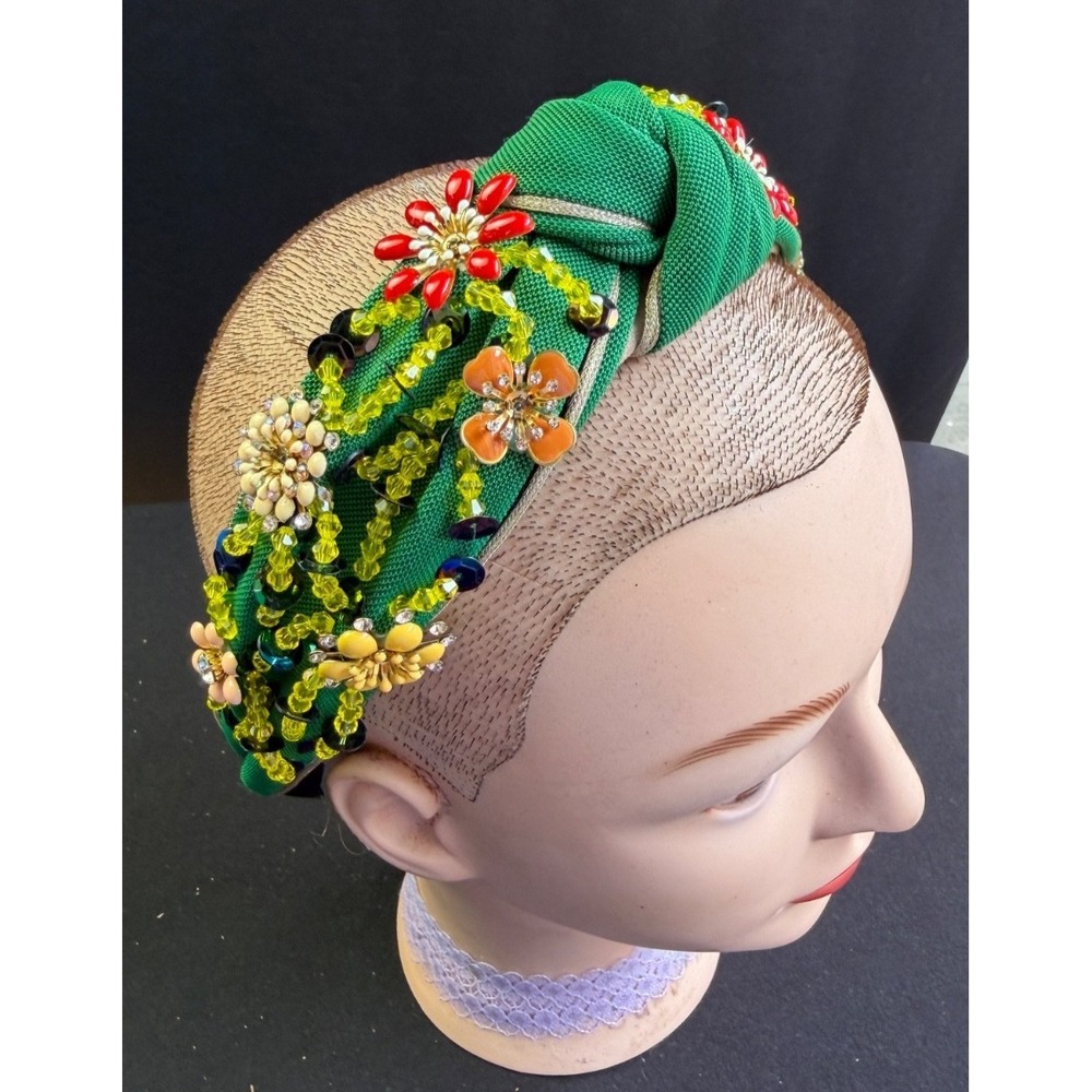 Padded Jeweled Headband Baroque Crystal Encrusted Wide Hairband Green Knotted